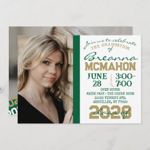 Graduation Green, Gold & White 2 Invitation photo