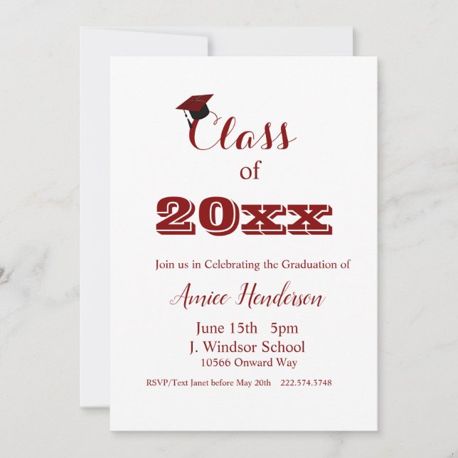 Graduation Maron & White Invitation Classe de 2024 (Devant)