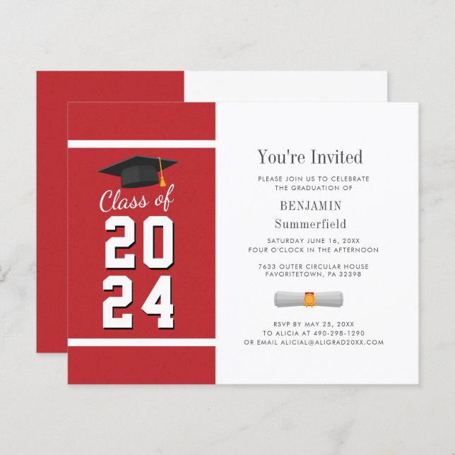 Graduation minimum Red White Party Invitation (Devant / Derrière)