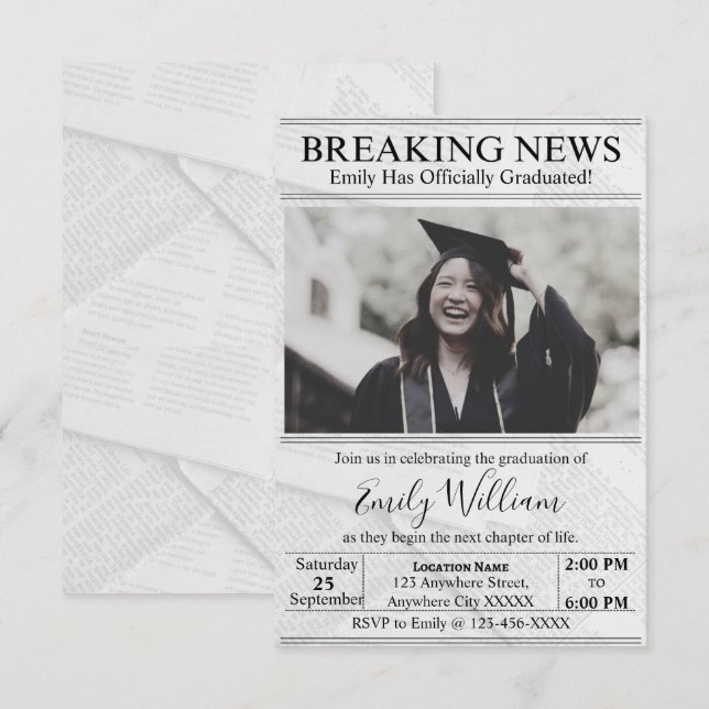 Graduation Newspaper Photo Invitation (Devant / Derrière)