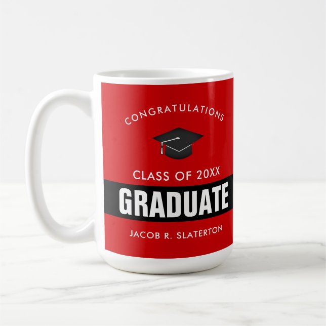 Graduation noire et rouge Mug de café personnalisé (Gauche)
