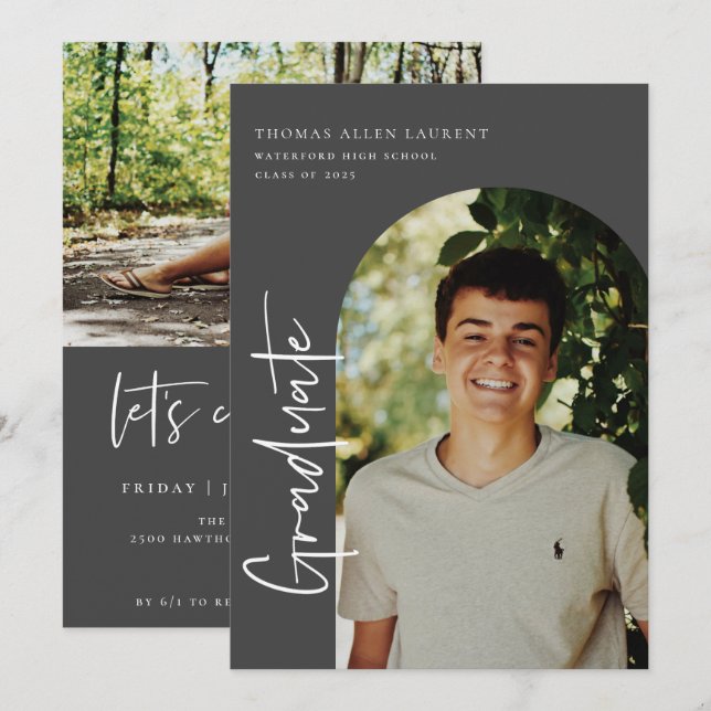 Graduation par script Cadre Arché Photo Invitation (Devant / Derrière)
