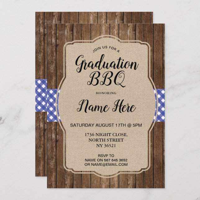 Graduation Party BBQ Invitation Bleu En vichy Burl (Devant / Derrière)