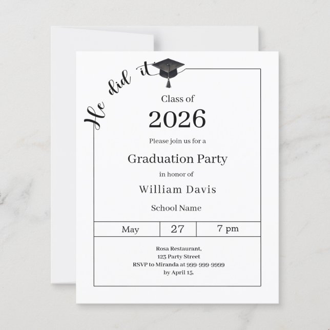 Graduation party black white He did it invitation (Devant)
