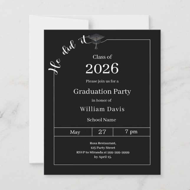 Graduation party black white He did it invitation (Devant)