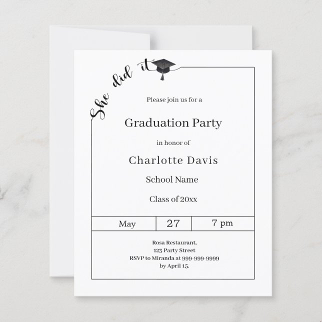 Graduation party black white She did it invitation (Devant)