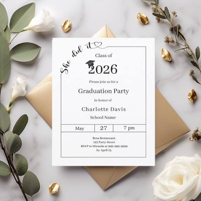 Graduation party black white She did it invitation (Créateur téléchargé)