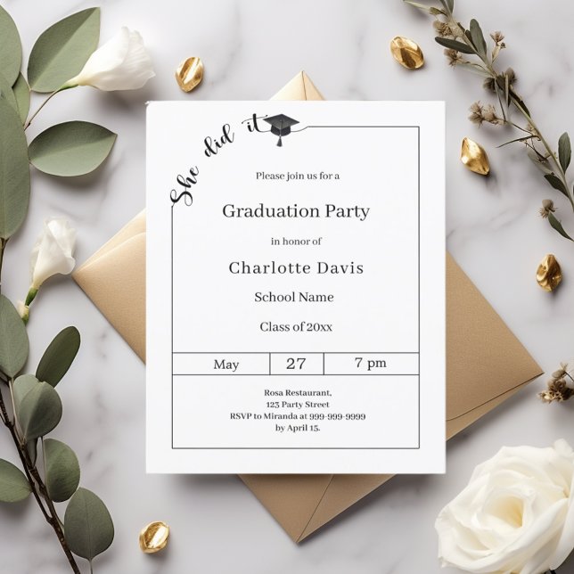 Graduation party black white She did it invitation (Créateur téléchargé)