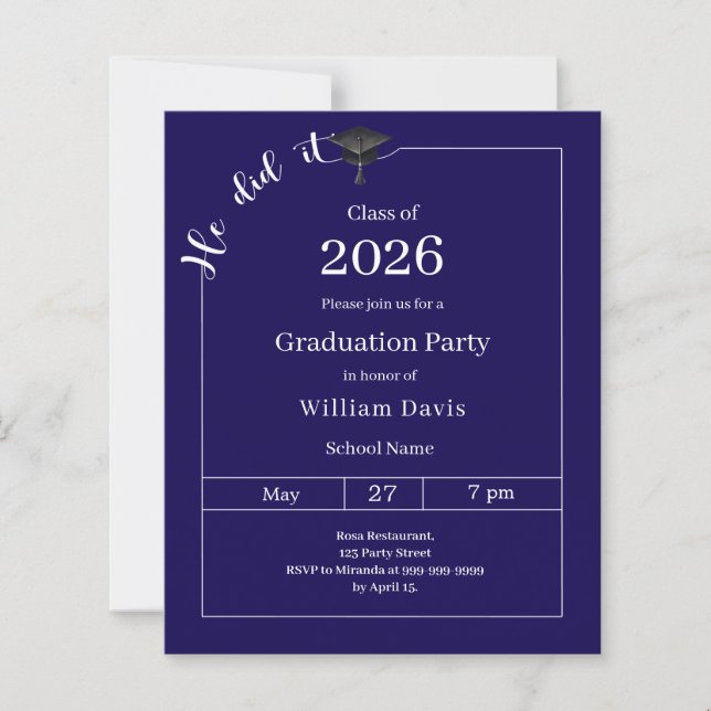 Graduation party blue white He did it invitation (Devant)
