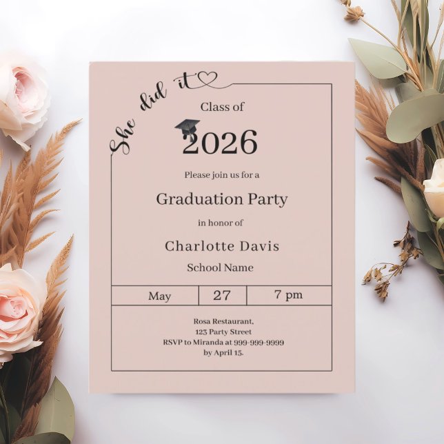 Graduation party blush pink She did it invitation (Créateur téléchargé)