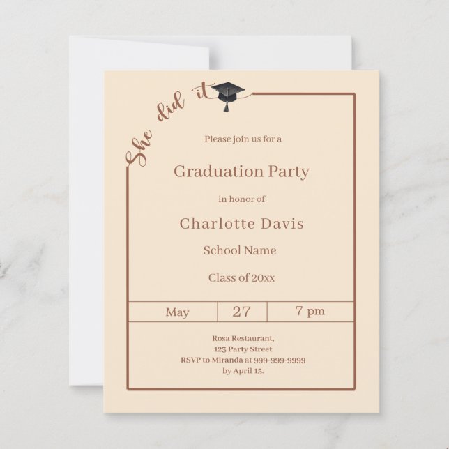 Graduation party Campagne She did it invitation (Devant)