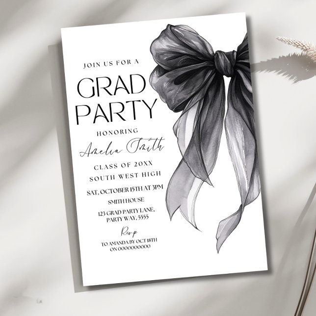 Graduation Party Invitation Black Bow Graduation A (Créateur téléchargé)