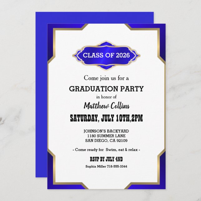 Graduation Party Invitation blue Retro Inspired  (Devant / Derrière)