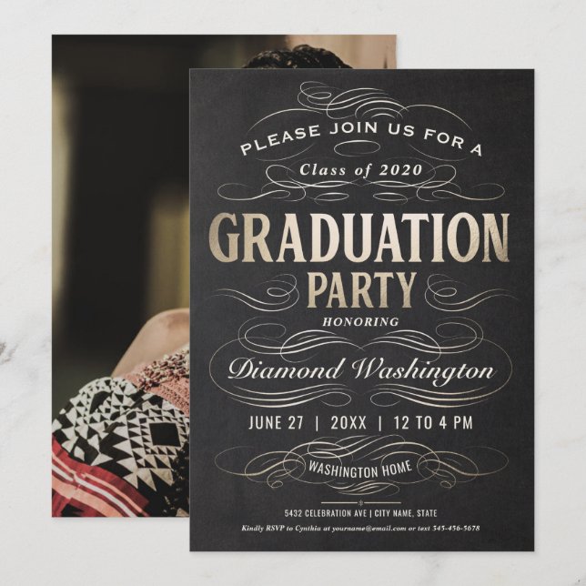 Graduation Party Invitations Défilement Gold Foil (Devant / Derrière)