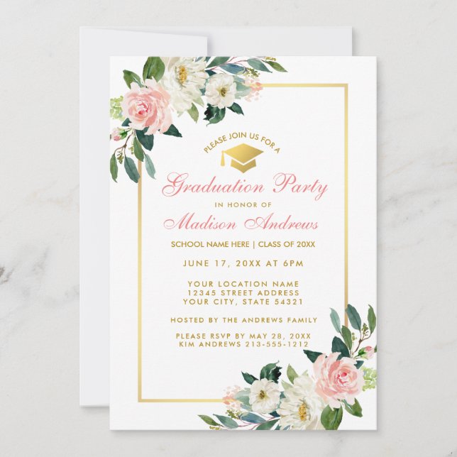 Graduation Party Pink Floral Gold Invitation GP (Devant)
