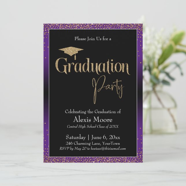 Graduation Party Purple Ombre Confetti Invitation (Debout devant)