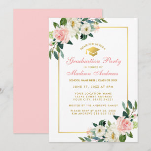 Graduation Party Rose Floral Gold Invitation Pk