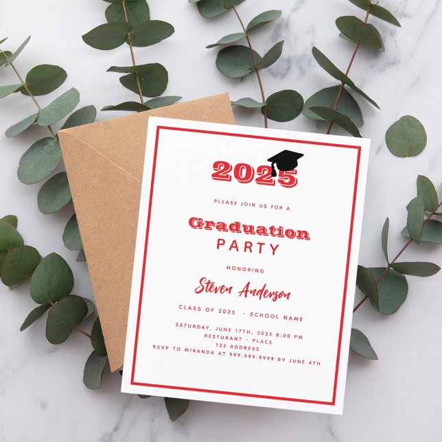 Graduation Party rouge blanc invitation 2025 (Créateur téléchargé)