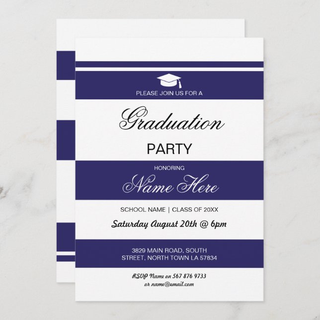 Graduation Party Stripe Marine White Invitation Gr (Devant / Derrière)