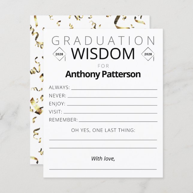 Graduation Party Wisdom Card Gold Confetti Invités (Devant / Derrière)