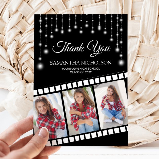 Graduation Photo Film Reel Cinéma Star Merci (Black and silver glitter graduation filmstrip 3-photo Thank you card)