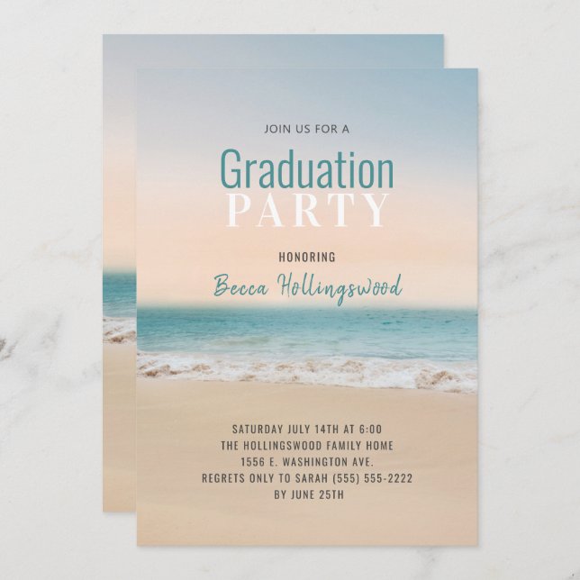 Graduation Plage tropicale Thème Fête Invitation (Devant / Derrière)