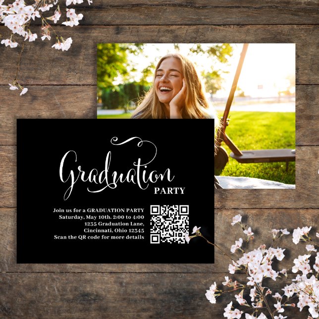 Graduation QR Code Partie Invitation Photo Inserti (Simple black and white Graduation photo Insert enclosure card. )
