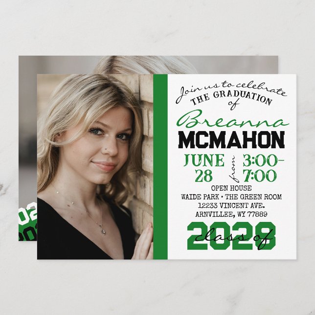 Graduation verte, noire et blanche 2 Invitation ph (Repeating Class Year 1 & 2 Photo Graduation Invitations & Announcements)
