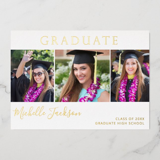 Gradué 3 Photo Script Grad Foil Faire-part (Recto)