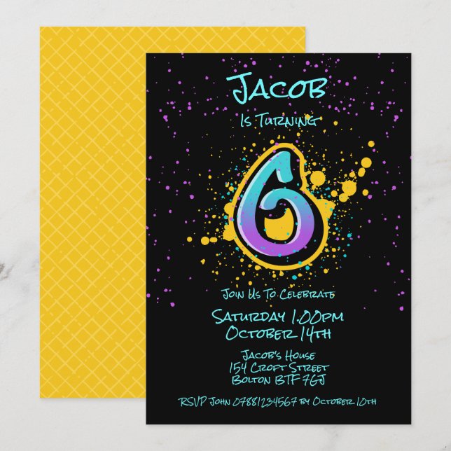 Graffiti Splatter Age Six Invitation (Devant / Derrière)