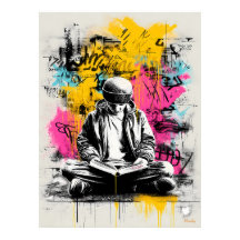 Graffiti Street Art Poster - Boy Reading Urban