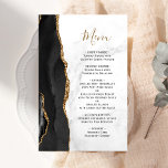 Grand Budget Black Gold Agate Marbre Mariage Menu<br><div class="desc">Le bord gauche de cet élégant menu mariage moderne comporte une bordure en aquarelle noire ornée d'une parties scintillant en faux or. Le texte personnalisable combine écriture manuscrite couleur or et polices de cuivre sur un arrière - plan en marbre gris et blanc. L'envers est assorti d'un design d'agate noir...</div>