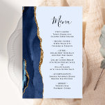 Grand budget Marine Blue Gold Agate Mariage Menu<br><div class="desc">Le bord gauche de cet élégant menu mariage moderne comporte une bordure en aquarelle bleu marine ornée d'une parties scintillant en faux or. Le texte personnalisable combine écriture manuscrite bleu marine et polices de cuivre sur un arrière - plan bleu pastel clair. L'envers est assorti d'un design d'agate bleu marine...</div>