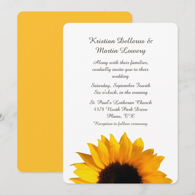 Grand Faire-part de mariage de tournesol jaune (Devant / Derrière)