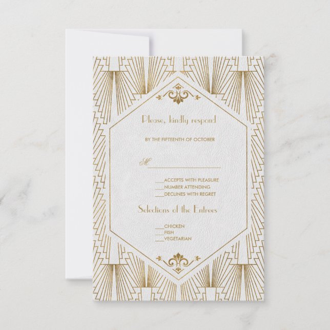 Grand Gatsby Art Déco Or Blanc Mariage RSVP (Devant)