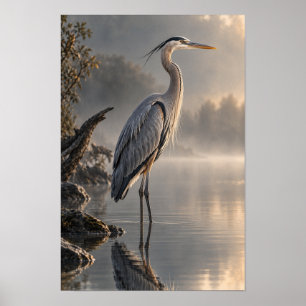 Grand Héron Bleu dans l'Eau Brumeuse - Art Mural d