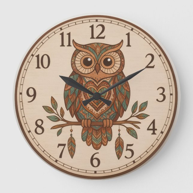 Grand Horloge Murale Chouette Boho (Recto)