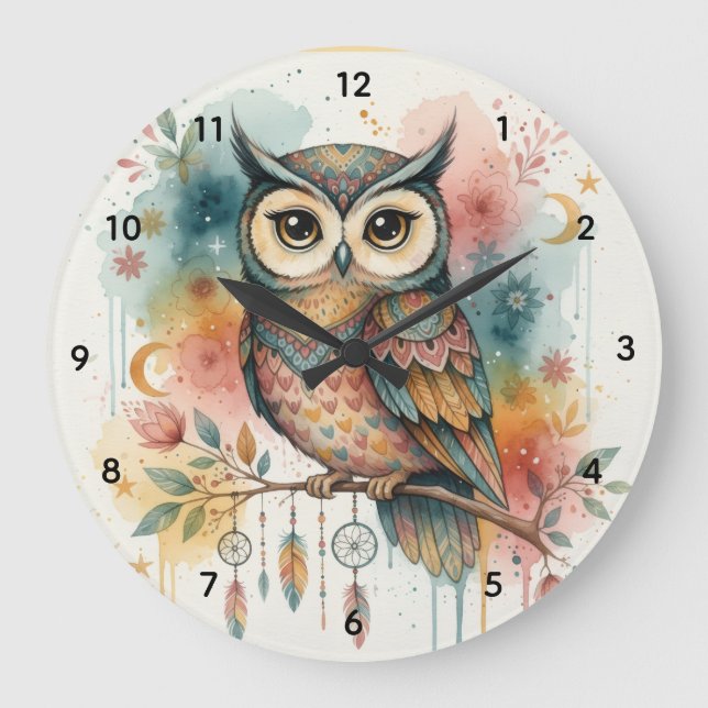 Grand Horloge Murale Chouette Boho  (Recto)