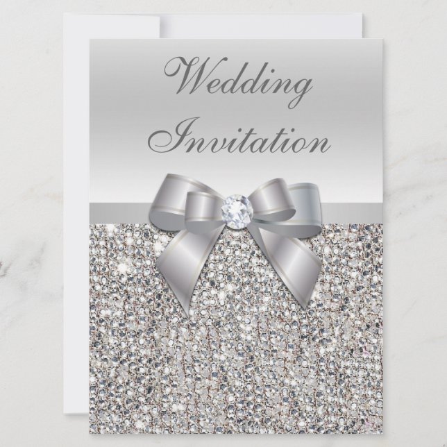 Grand Mariage Faux Séquins Argent Bow Invitations (Devant)