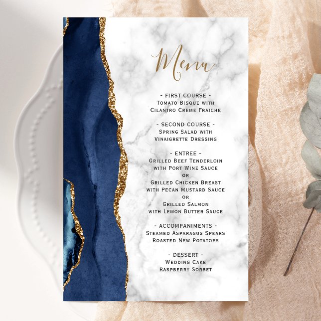 Grand menu de mariage en marbre agate bleu marine (Créateur téléchargé)