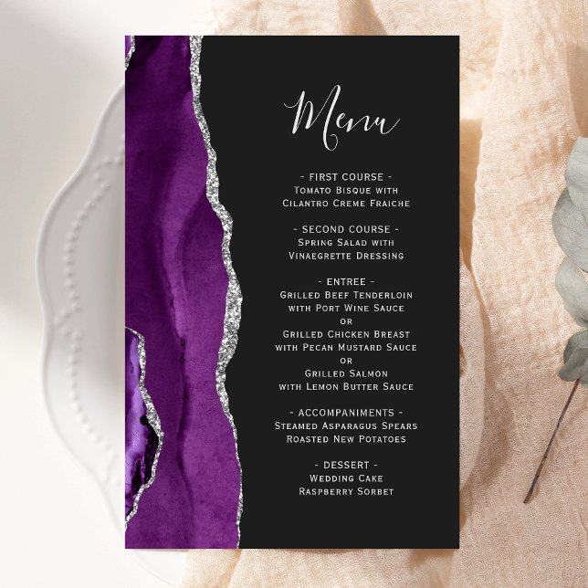 Grand Menu de Mariage Violet Argenté Agate Foncé B (Créateur téléchargé)