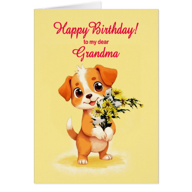 Grand-mère Anniversaire Chiot et Fleurs (Devant)