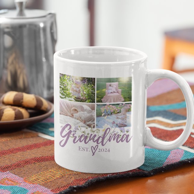 Grand-mère élégante Mug photo personnalisée (Mug with "Grandma 2024" and baby photos, cookies, and coffee pot.)