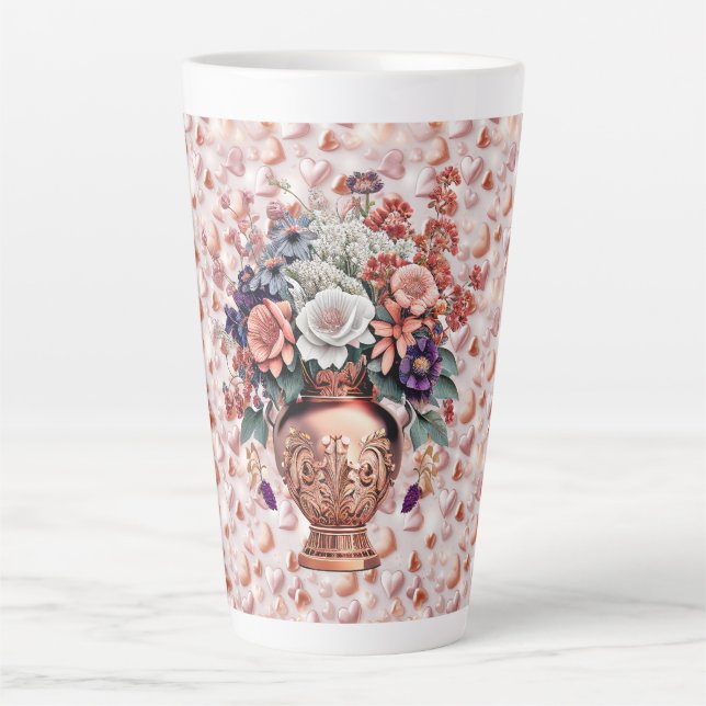 Grand mug à latte à cœurs et fleurs dorés rosés (Devant)
