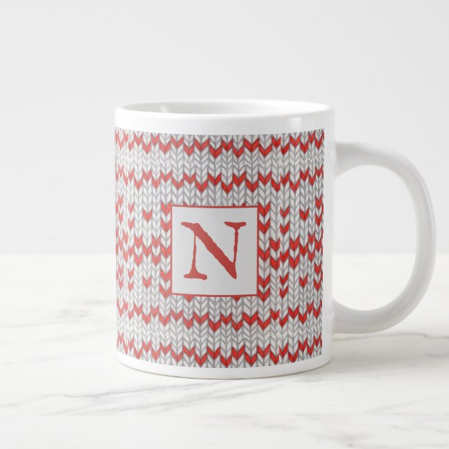 Grand Mug en tricot NORDIQUE ROUGE + Initiale (Droite)