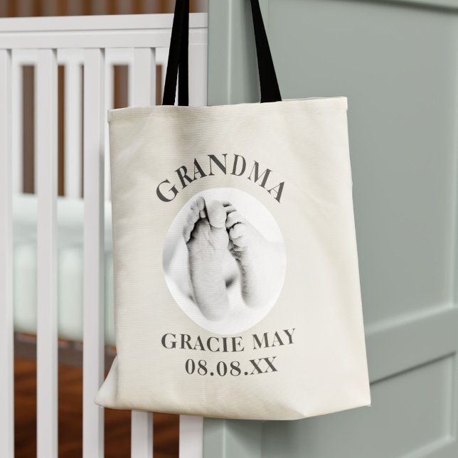 Grand-parent Nouveau bébé photo grand-mère Sac fou (Just upload your baby photo and name to this cute grandma tote bag)
