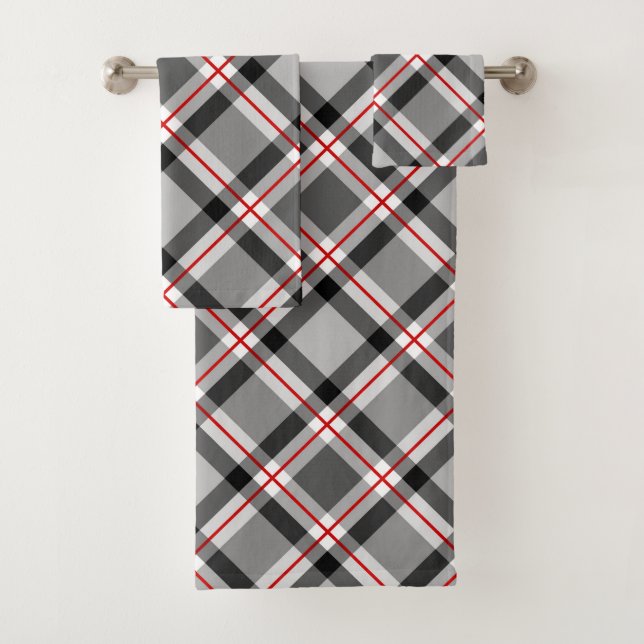 Grand Plaid moderne, noir, blanc, gris et rouge (En situation)