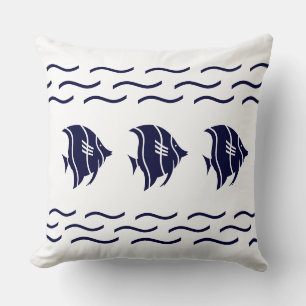 Grand poisson bleu marine & vagues sur un COUSSIN