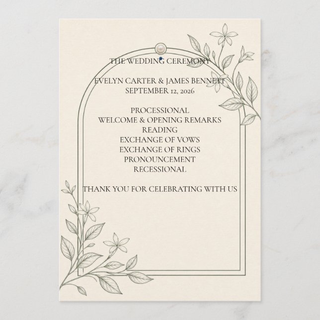 Grand programme de cérémonie de mariage botanique  (Devant)