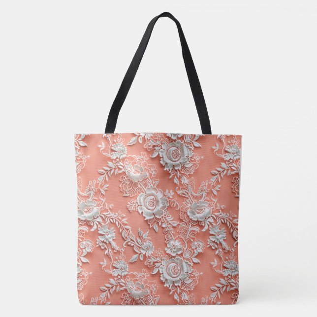 Grand Sac à l'Épaule en Dentelle Florale Corail Vi (Devant)